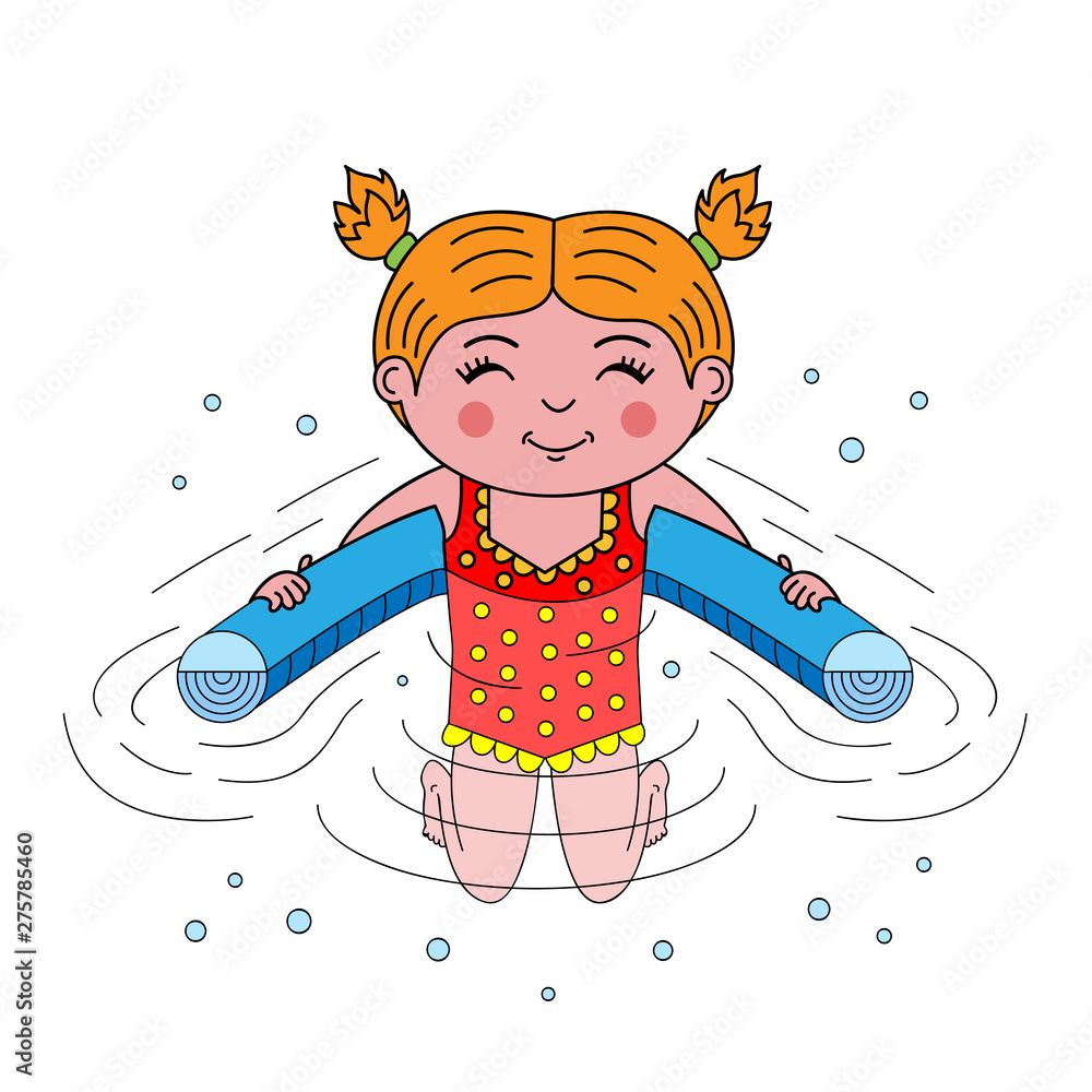 Cheerful smiling teenage girl plays water games on floating pool swim noodle aid tube accessory, body half submerged in water. Colored cartoon vector illustration isolated on white background for kids Stock Vector | Cheerful smiling teenage girl plays water games on floating pool swim noodle aid tube accessory, body half submerged in water. Colored cartoon vector illustration isolated on white background for kids Stock Vector |