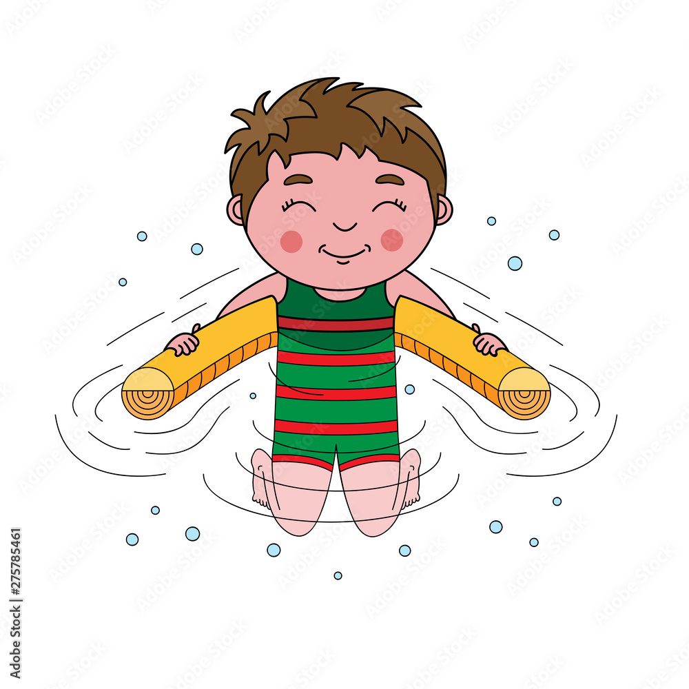 Cheerful smiling teenage boy plays water games on floating pool swim noodle  aid tube accessory, body half submerged in water. Colored cartoon vector  illustration isolated on white background for kids Stock Vector |
