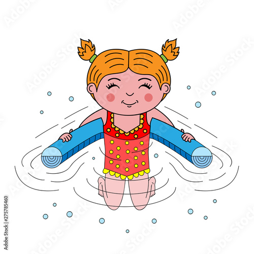 Cheerful smiling teenage girl plays water games on floating pool swim noodle aid tube accessory, body half submerged in water. Colored cartoon vector illustration isolated on white background for kids