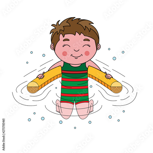 Cheerful smiling teenage boy plays water games on floating pool swim noodle aid tube accessory, body half submerged in water. Colored cartoon vector illustration isolated on white background for kids
