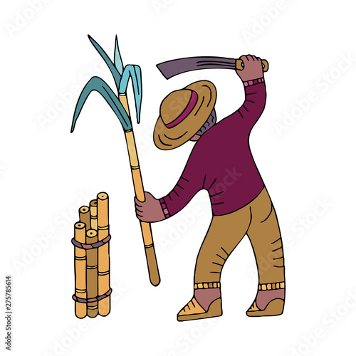 Sugar cane collector with machete in doodle style