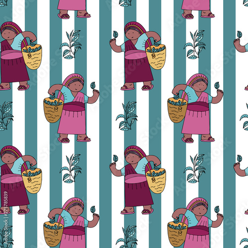 Seamless pattern with tea collector against lined background