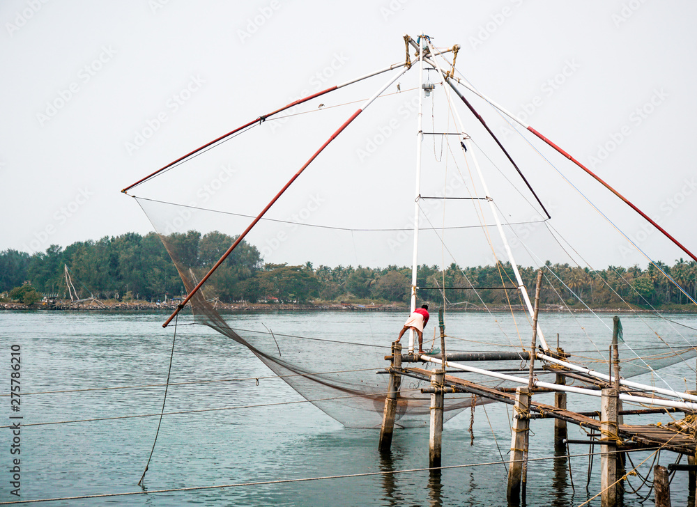 traditional Chinese fishing net in kerala kochi ernakulam munambam beach