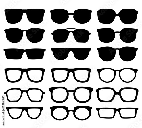 Glasses silhouette. Geek eyewear, cool sunglasses and eyeglasses silhouettes. Elegance glasses or geeks fashion optical ocular lens accessory. Vector isolated icons collection