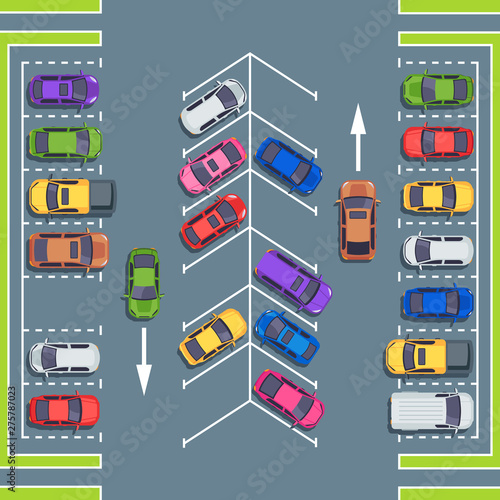 City parking top view. Park spaces for cars, car parking zone. Automobile on asphalt road, vehicle parking area or auto transport park vector illustration