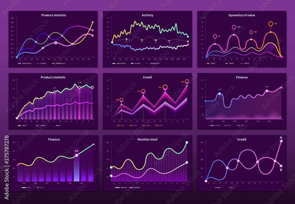Line graph charts. Business financial graphs, marketing chart graphics