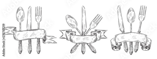 Cutlery with ribbon. Vintage table setting engraving, hand drawn fork, knife and food spoon sketch. Silverware restaurant eat teaspoon ink logo doodle. Vector isolated icons illustration set