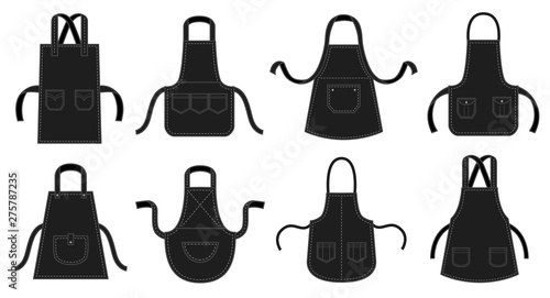 Black kitchens aprons. Waiter apron  restaurant chef uniform with seam patch pocket and kitchen uniforms. Elegant restaurant chefs wear  barbecue protect cloth. Isolated vector icons illustration set