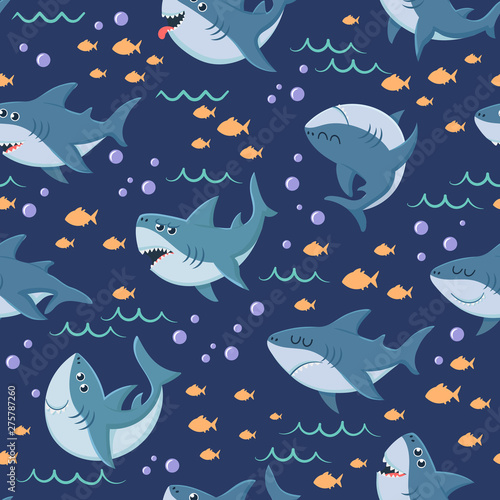 Cartoon sharks pattern. Seamless ocean swim, marine shark and sea underwater. Predator mascot wallpaper, scary aquatic monster fish wrapping vector background pattern