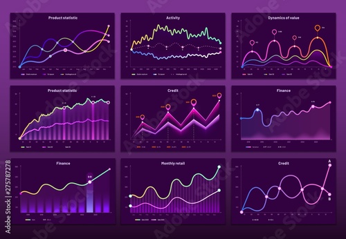 Line graph charts. Business financial graphs, marketing chart graphics and histogram infographic. Economy data graph, crypto currency prices bar or analytics analysis diagram vector set photo