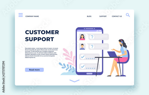 Customer support. Personal assistant, technical support operator help clients in chat on smartphone screen landing page. Hotline feedback, chatting assistance girl help vector illustration