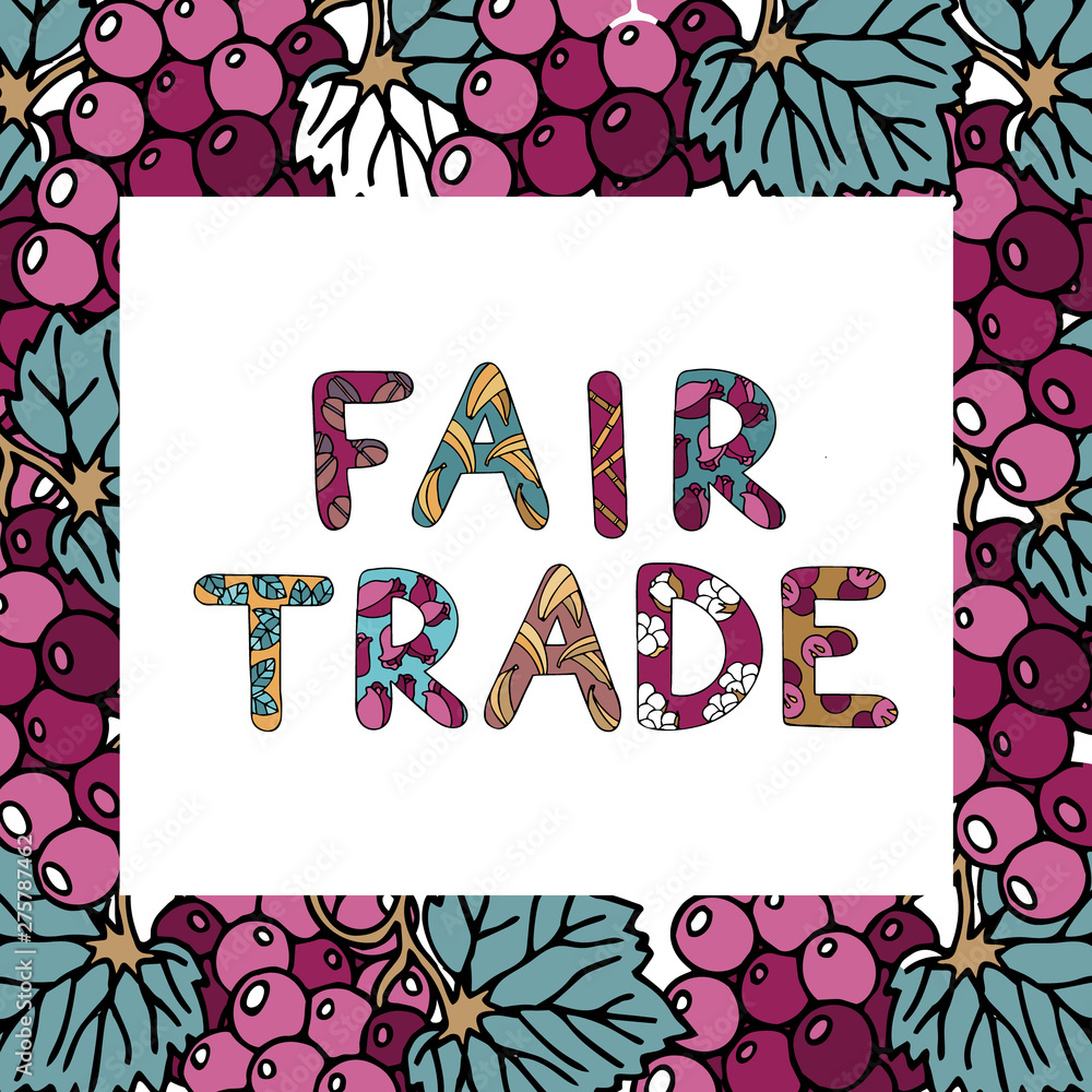 Fair trade color doodle with lettering and products of fair trade