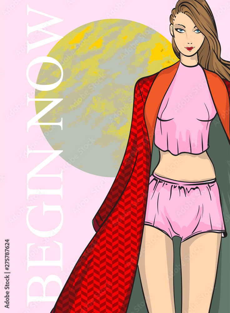 Beautiful young women in pink underwear and a red cloak. Hand drawn fashion  girl. Fashion model posing. Sketch. Vector illustration. Stock Vector |  Adobe Stock