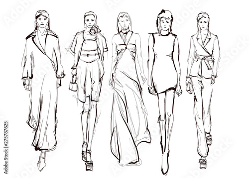 Fashion models sketch hand drawn , stylized silhouettes isolated.Vector fashion illustration set.