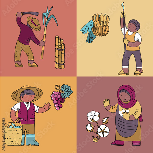 Colored cards with sugar cane farmer, banana collector, vine yard owner, cotton collector