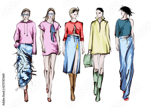 Fashion models sketch hand drawn , stylized silhouettes isolated.Vector fashion illustration set.
