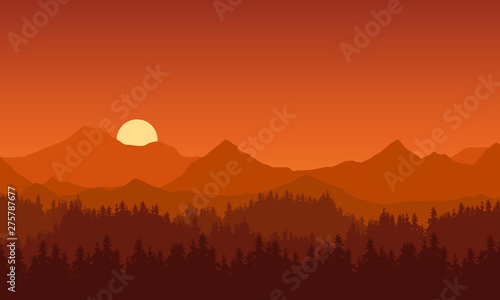 Realistic illustration of mountain landscape with coniferous forest under red morning or evening sky with orange rising or setting sun and space for text, vector