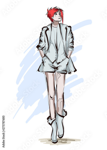 Beautiful young women in light jacket and shorts. Hand drawn fashion girl. Fashion model posing. Sketch. Vector illustration.