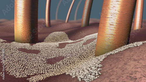 Microscopic close-up of a fungal infection of the upper skin layer, called skin mycosis - 3d illustration