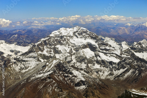 Mount Aconcagua in summer. Aerial view. Andes mountains in Argentina. The highest point of all the americas. January 2019. photo