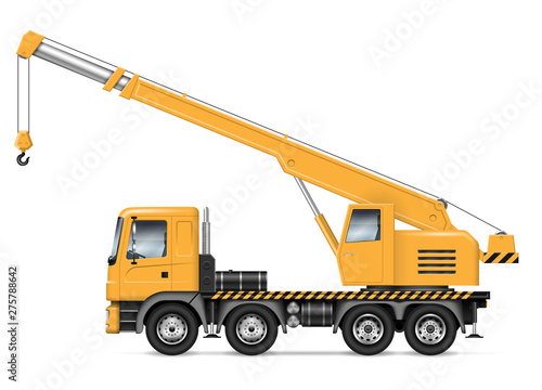 Crane truck with view from side isolated on white background. Construction vehicle vector mockup, easy editing and recolor.
