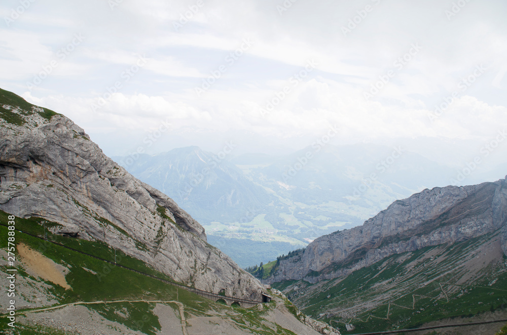 Pilatus mountain range in the Swiss Alps, on the border of the cantons of Obwalden, Nidwalden and Lucerne. Panoramic view of the lake from the height.