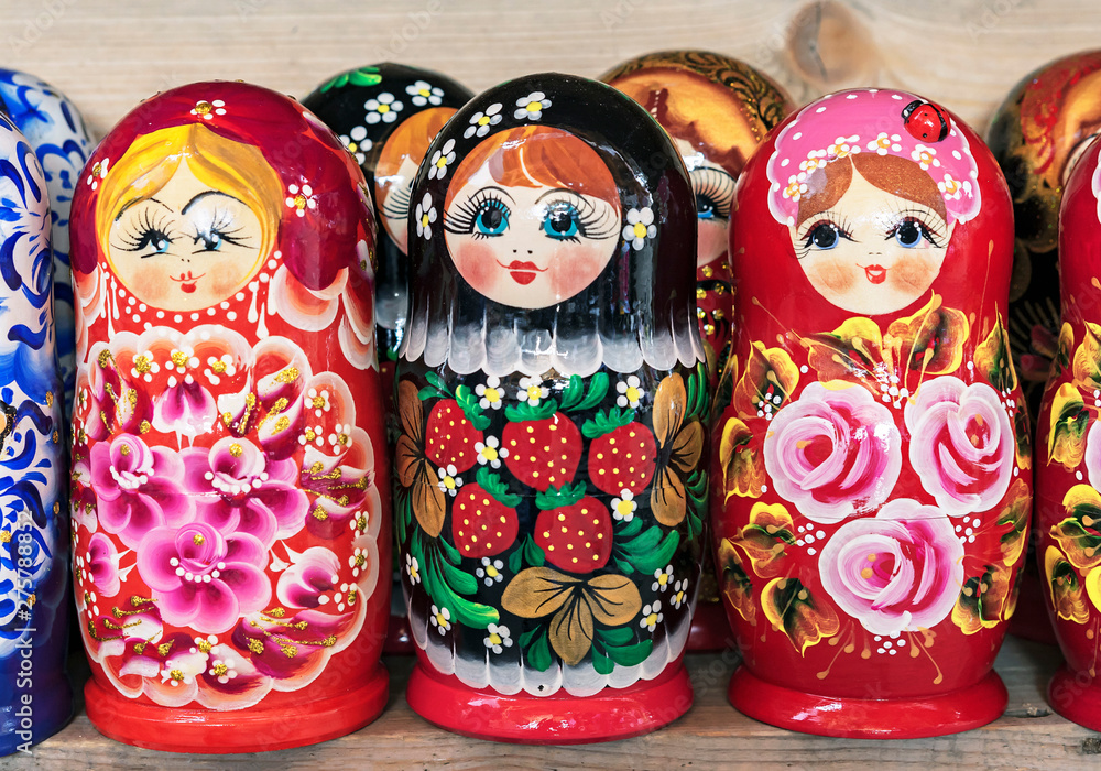 Russian wooden doll matryoshka on the counter of the gift shop. Matryoshka is a national Russian souvenir.