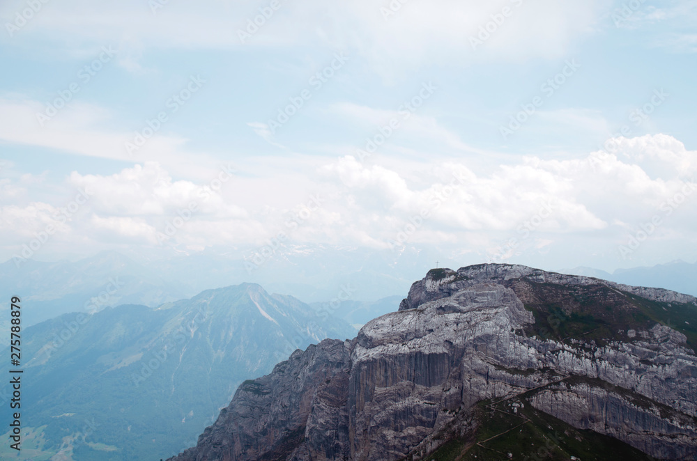 Pilatus mountain range in the Swiss Alps, Lucerne. Panoramic view from the height. Cross the mountain.