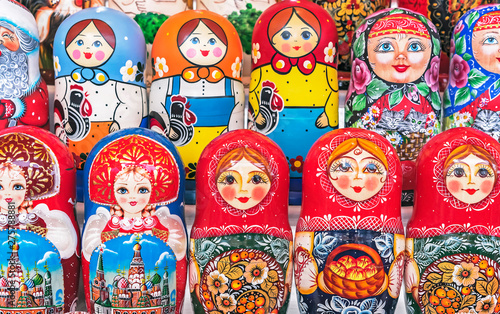 Russian wooden doll matryoshka on the counter of the gift shop. Matryoshka is a national Russian souvenir.