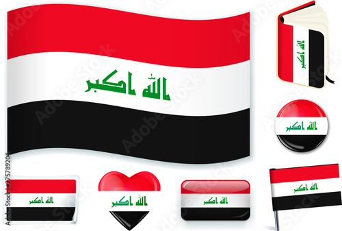 Fotografija Irak flag wave, book, circle, pin, button, heart and sticker.