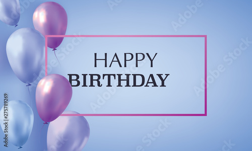 Blue and violet realistic balloons filled with helium on blue background with text happy birthday. Invitation card.