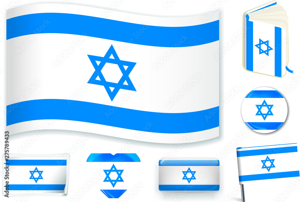 Israel. Israeli flag wave, book, circle, pin, button, heart and sticker.