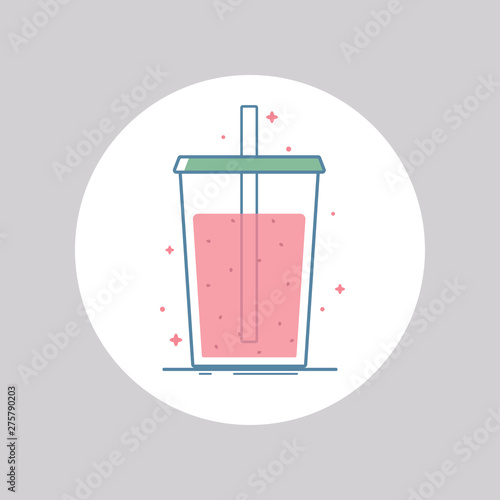 Vector icon of smoothie, fresh, milk shake in a cup for take away. Isolated in circle. Flat design.