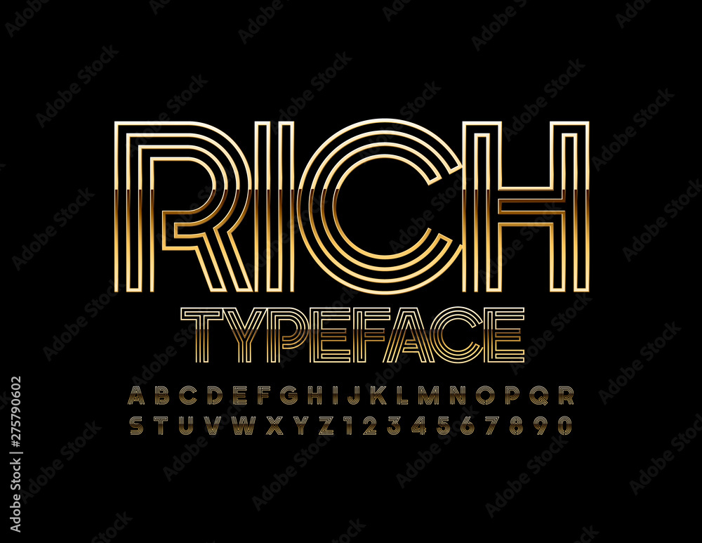 Obraz premium Vector Rich Typeface. Uppercase Golden Font. Creative elite Alphabet Letters, Numbers and Symbols