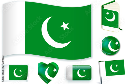Pakistan. Pakistani flag wave, book, circle, pin, button, heart and sticker.
