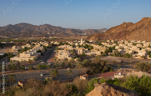 View from the top on town of Hatta and rocks in the background. Hatta is an enclave of Dubai in the Hajar Mountains, United Arab Emirates