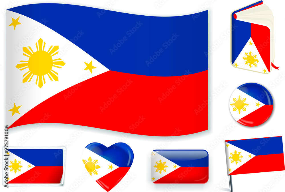 Philippines flag wave, book, circle, pin, button, heart and sticker. Philippines flag wave, book, circle, pin, button, heart and sticker.