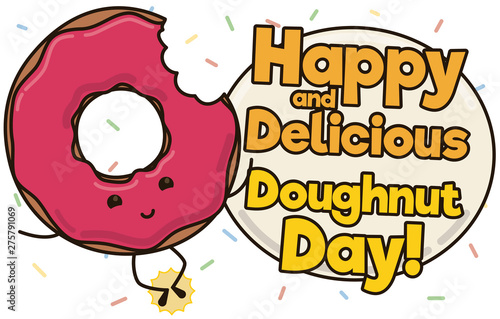 Cute Bitten Donut Celebrating a Happy and Delicious Doughnut Day  Vector Illustration
