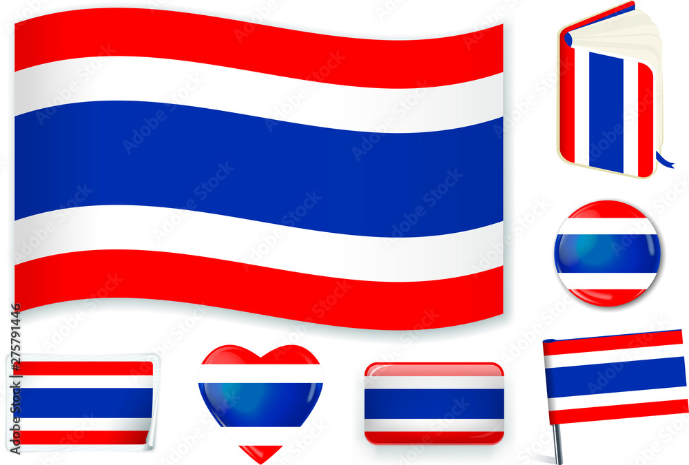 Thai. Thailand flag wave, book, circle, pin, button, heart and sticker. Thai. Thailand flag wave, book, circle, pin, button, heart and sticker.