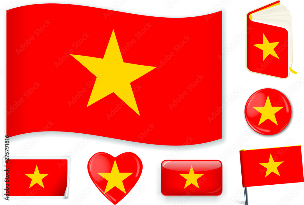 Vietnam. Vietnamese flag wave, book, circle, pin, button, heart and sticker. Vietnam. Vietnamese flag wave, book, circle, pin, button, heart and sticker.