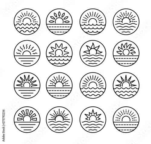 Sunrise over sea. Sunset over ocean. Summer round labels, emblems with sun & waves. Set of line signs for travel & tourism. Black & white vector illustration
