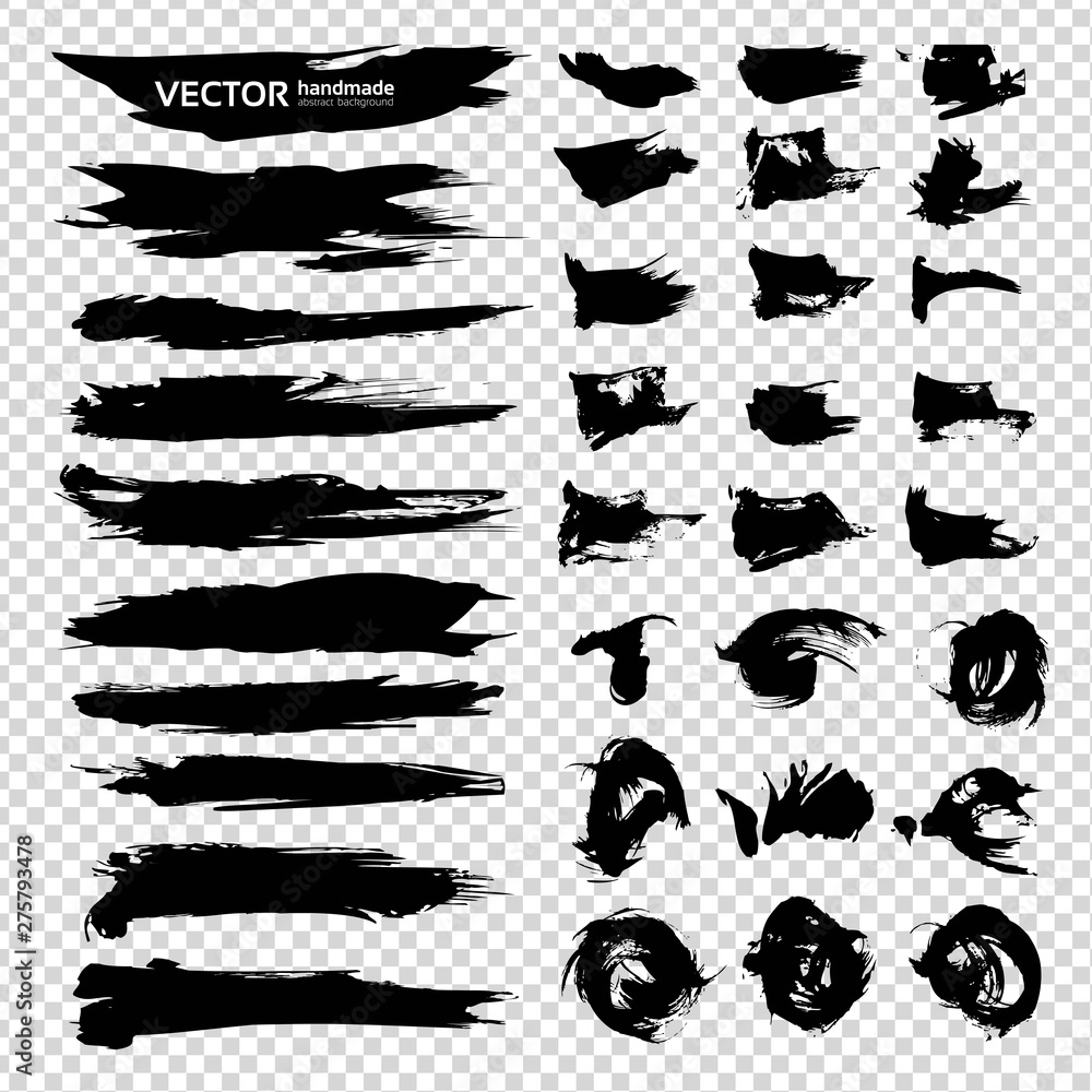 Big set of black textured smooth and curly strokes isolated on imitation transparent background Big set of black textured smooth and curly strokes isolated on imitation transparent background
