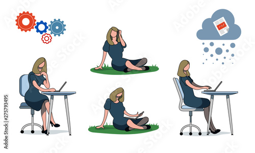 Professional business woman sitting typing at desk and on grass looking at laptop and talking on phone photo