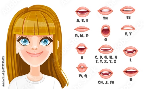 Cute blond girl talking mouth animation. Female character speak mouths expressions