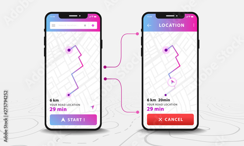Map GPS navigation, Two smartphone map application and line navigation with pinpoint on screen, App search map navigation, isolated on line maps background, Vector illustration for graphic design