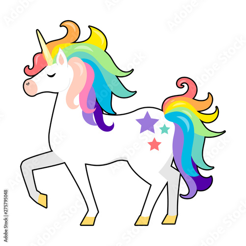Cute unicorn with rainbow hair. Vector cartoon character illustration. Design for child card, t-shirt. Girls, kid design. Isolated on white background.