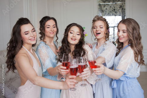 Cheerful young women raise a toast and clink glasses. Birthday or bachelorette party.