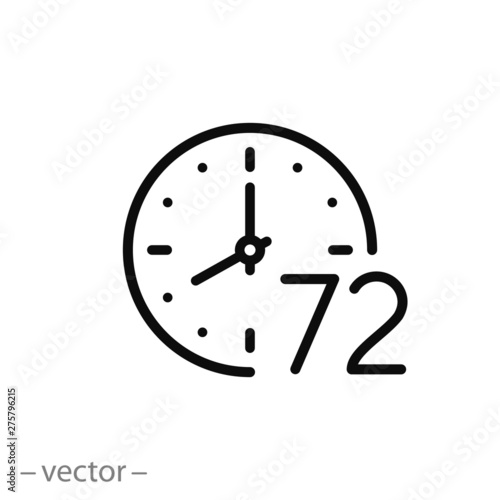 72 hr, clock icon, time linear sign isolated on white background - editable vector illustration