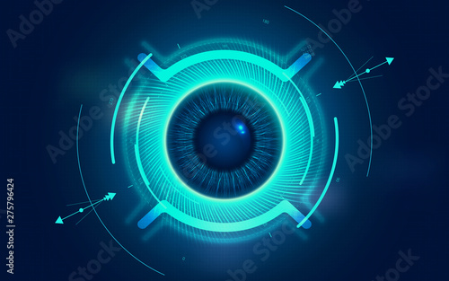Digital eye HUD UI. Sci-fi futuristic user interface. Technology background. Spy artificial intelligence concept. Virtual surveillance system screen. Vector illustration