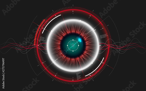 Digital eye HUD UI. Abstract Technology background. Information protection and Data security technology. Big data monitoring concept. Spaceship holographic target dashboard. Vector illustration